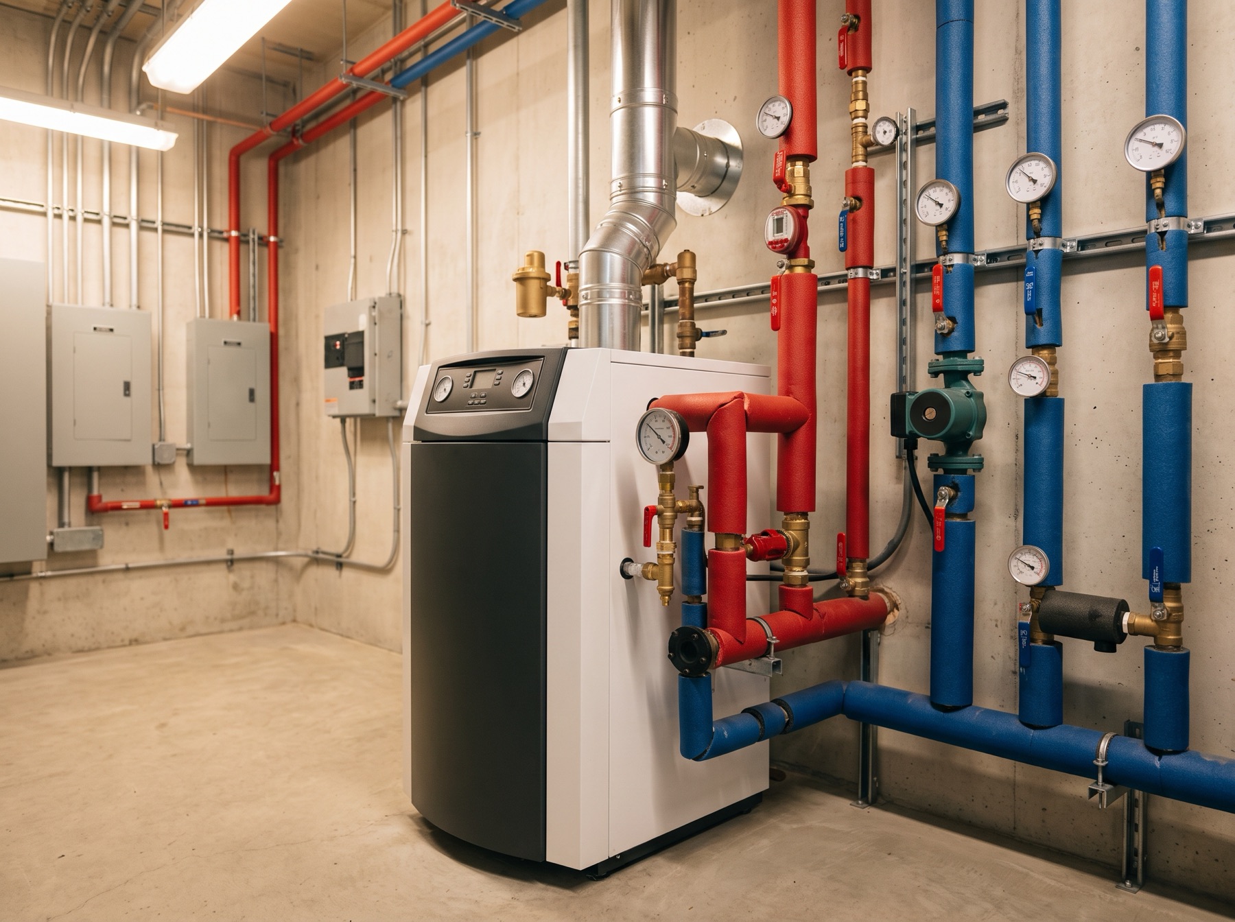 Commercial boiler room with insulated red and blue piping