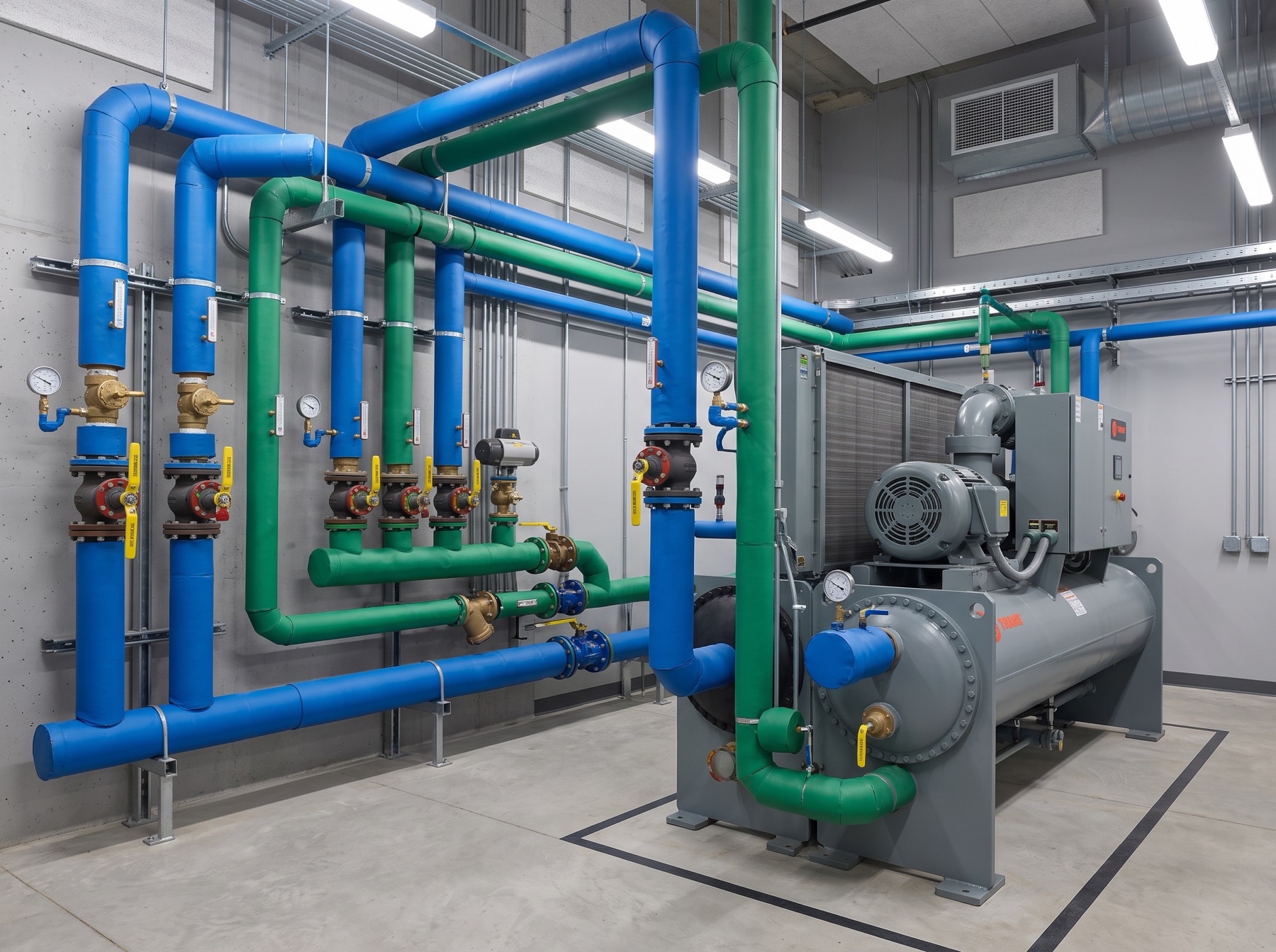 Water-cooled chiller with insulated chilled water piping