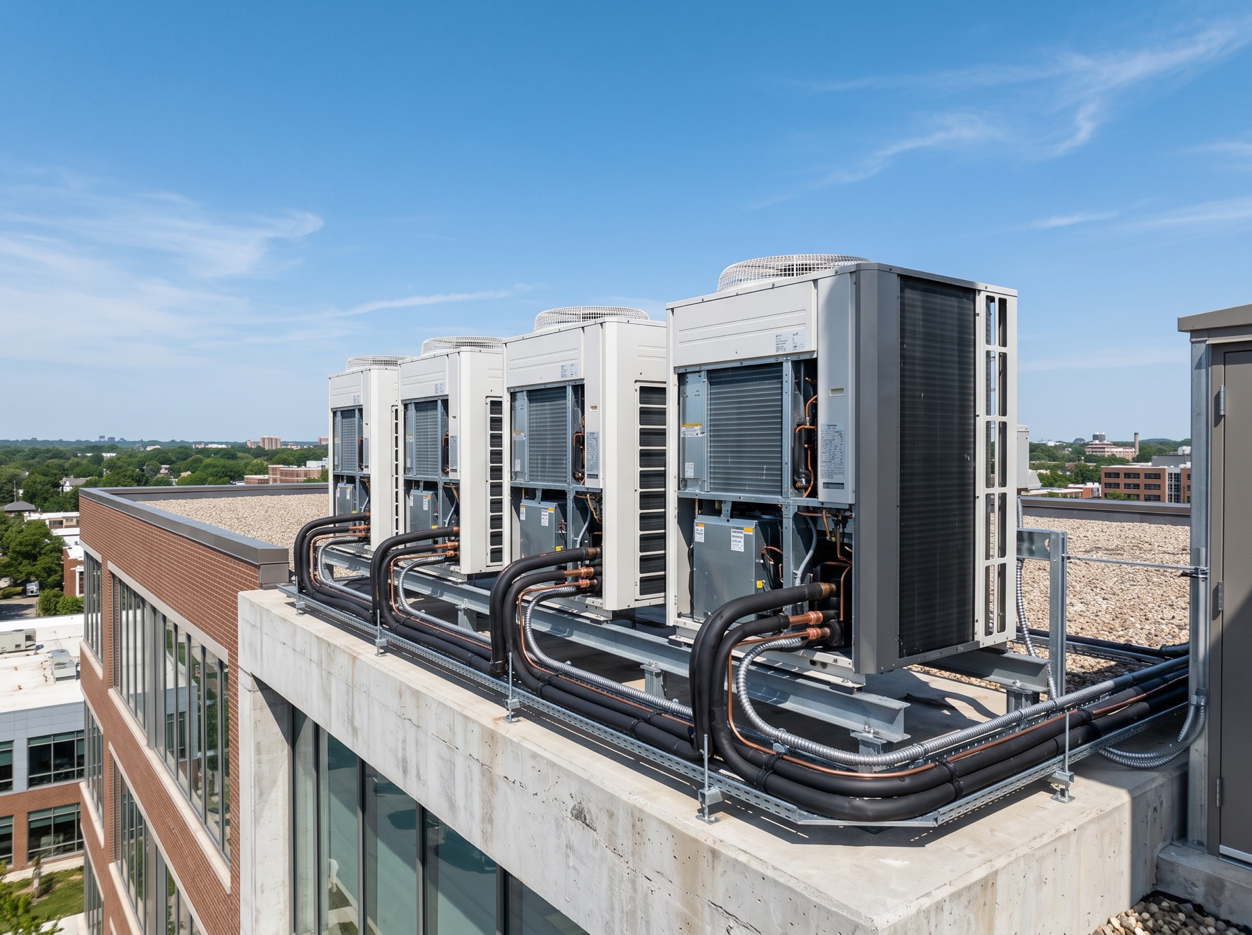 VRF heat pump units on a commercial rooftop